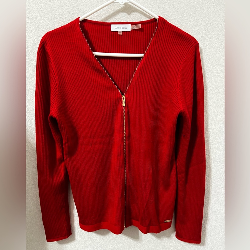 Calvin Klein V-Neck Red Zip-up Sweater